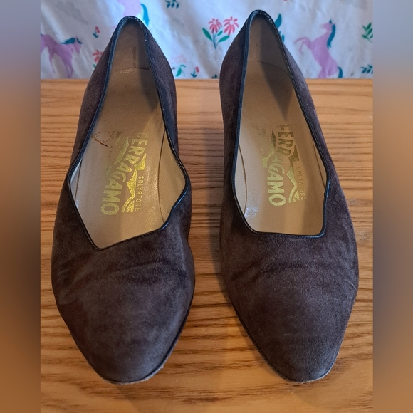 Vintage Salvatore Ferragamo Brown Suede Boho Wedge Heel Shoe SZ 5.5B - Picture 2 of 9